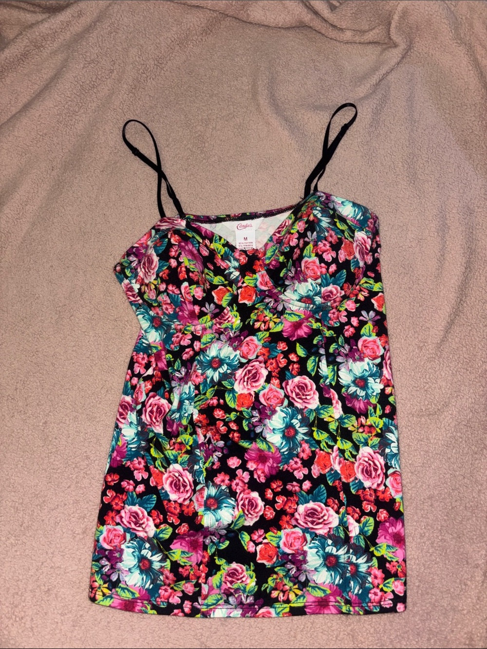 Candie's Black Floral V-Neck Cami with Pink and Teal Blooms
